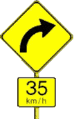 Curve with 35 km/h advisory speed sign